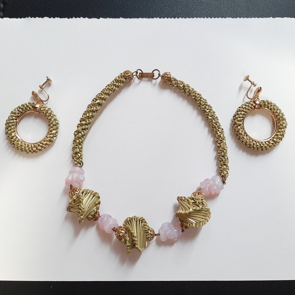 Vintage Rafia Woven Necklace & Earrings